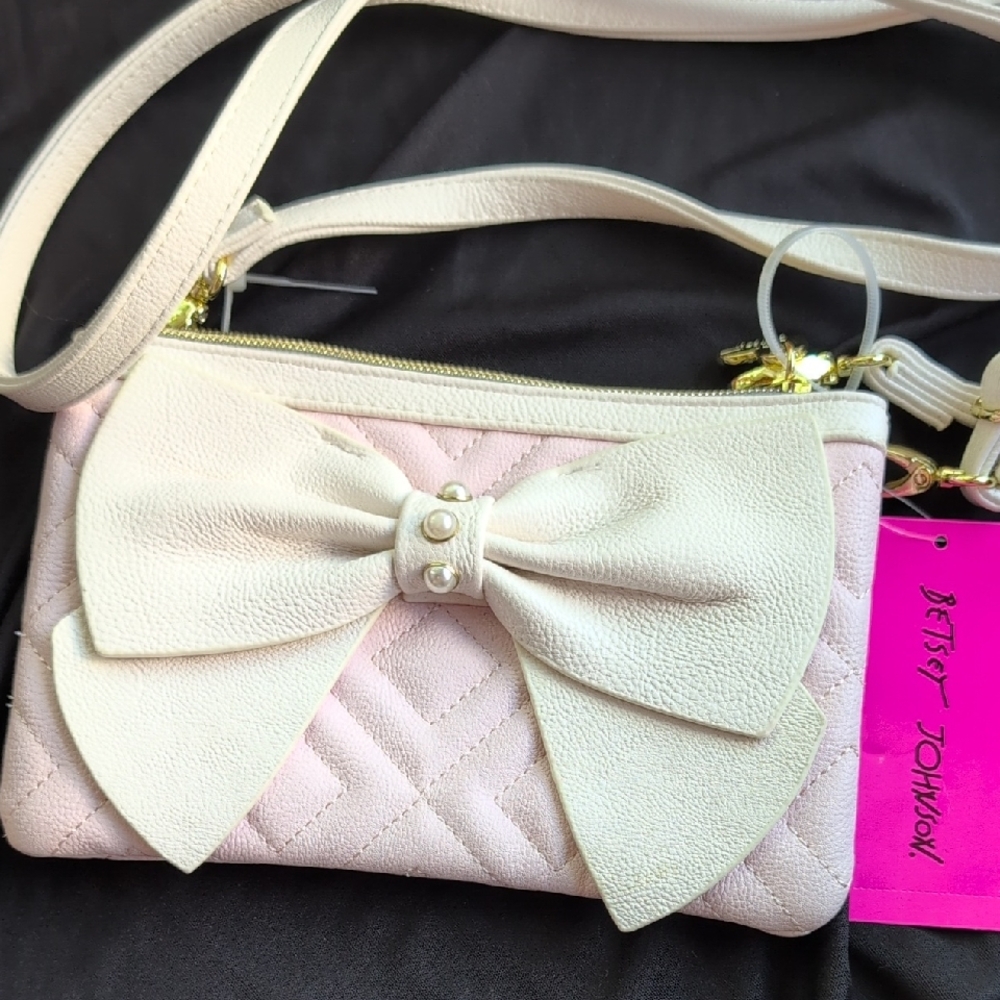 Betsey Johnson Cream and Pink Quilted Crossbody Bag with Bow